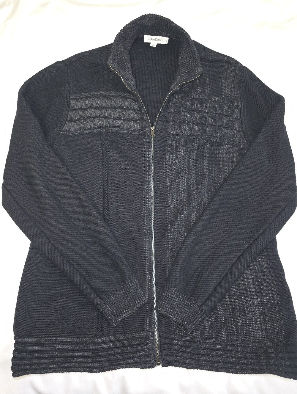 Calvin Klein Cotton Blend Mock Neck Cable Knit Full Zip Black w/gray Speck XL
